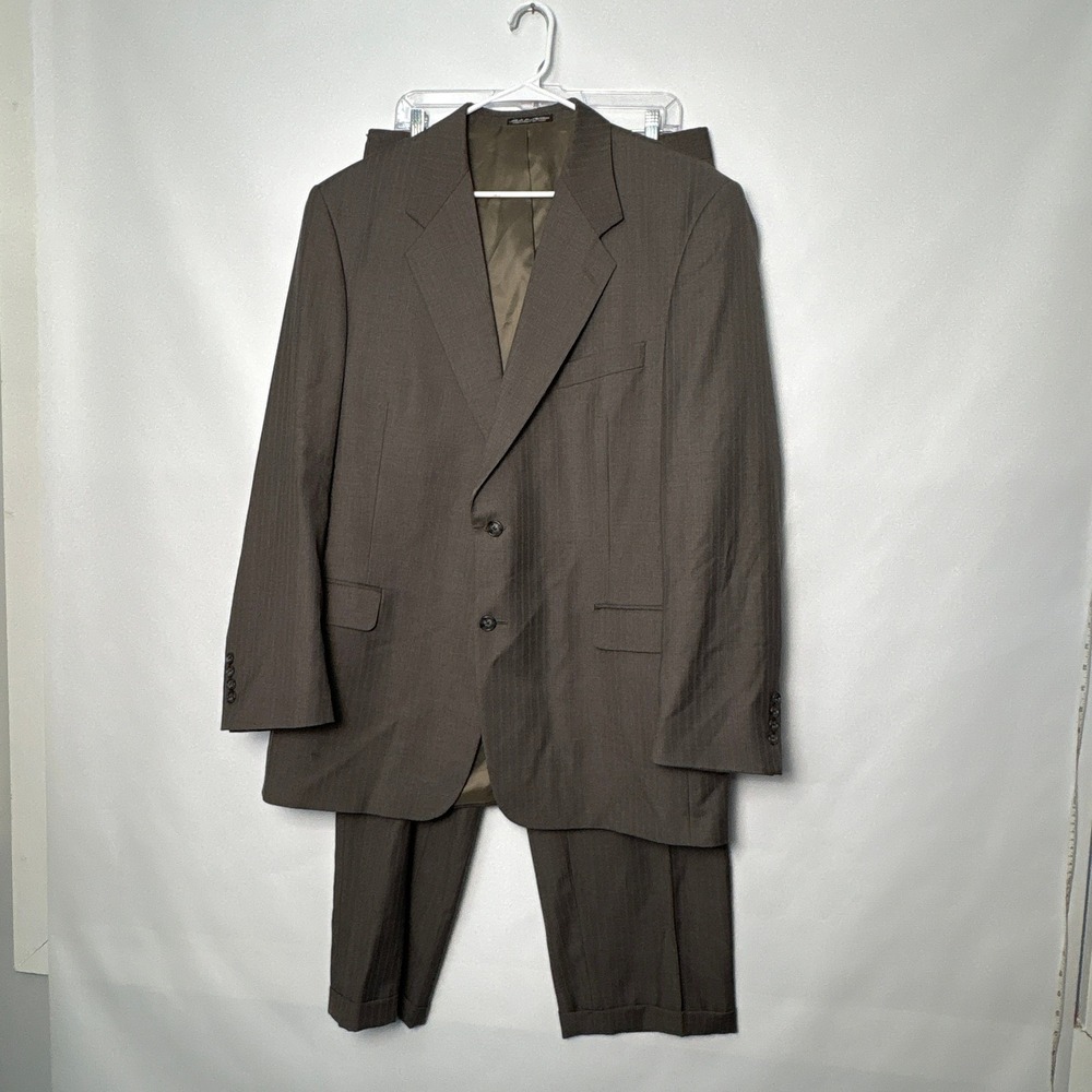 Kilburne and Finch Mens Brown Pinstripe Two Button Suit Pleated Cuffed 46R 33x29